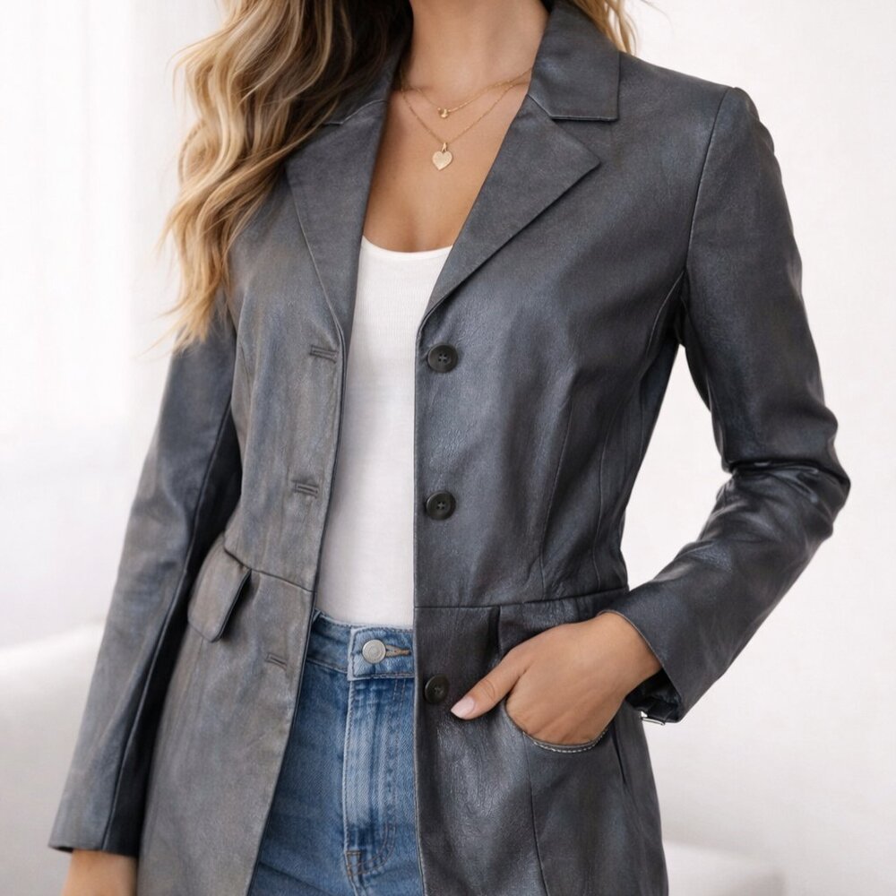 Terry Lewis Classic Luxuries Genuine Leather Blazer Jacket Silver | XS